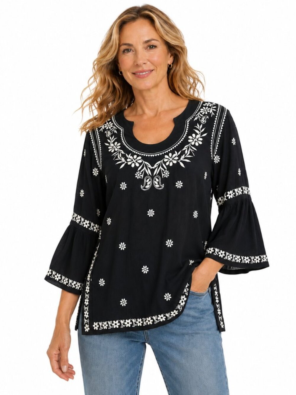 Boho Embroidered Floral Bell Sleeve Tunic XS Black Relaxed Peasant U Neck